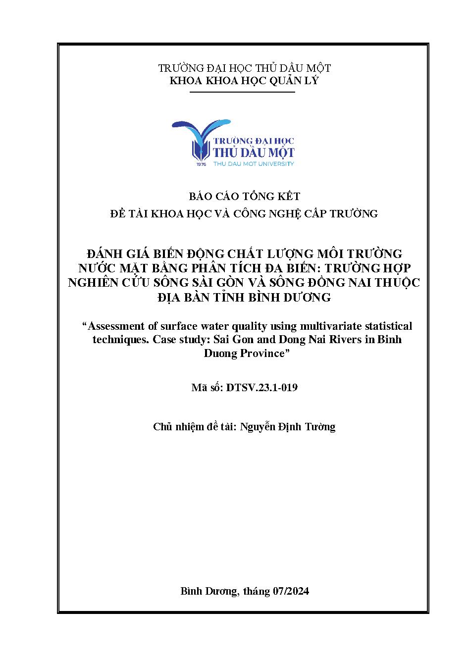 Đánh giá biến động chất lượng môi trường nước mặt bằng phân tích đa biến: trường hợp nghiên cứu sông Sài Gòn và sông Đồng Nai thuộc địa bàn tỉnh Bình Dương