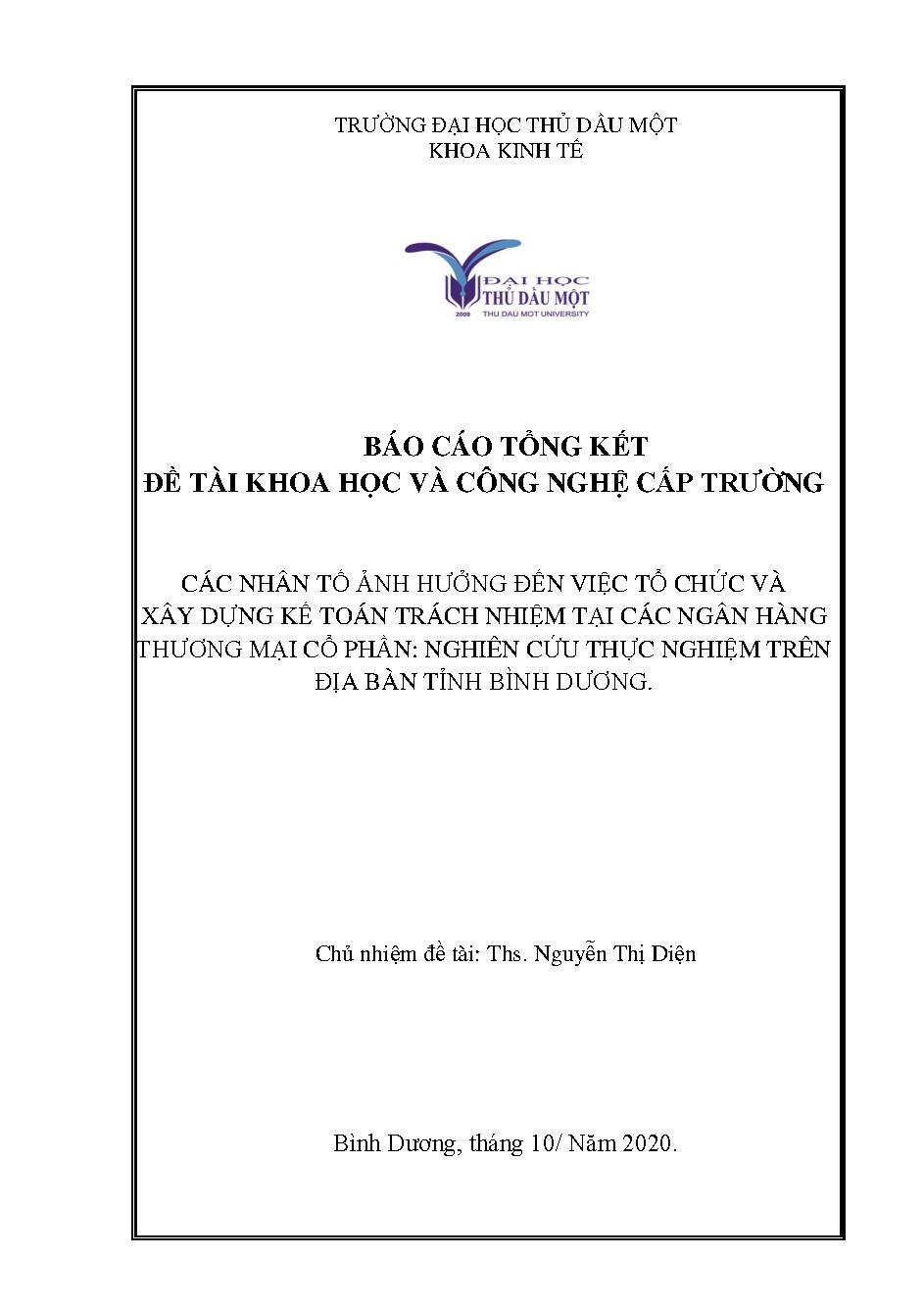 Các nhân tố ảnh hưởng đến việc tổ chức và xây dựng kế toán trách nhiệm tại các ngân hàng thương mại cổ phần: nghiên cứu thực nghiệm trên địa bàn tỉnh Bình Dương