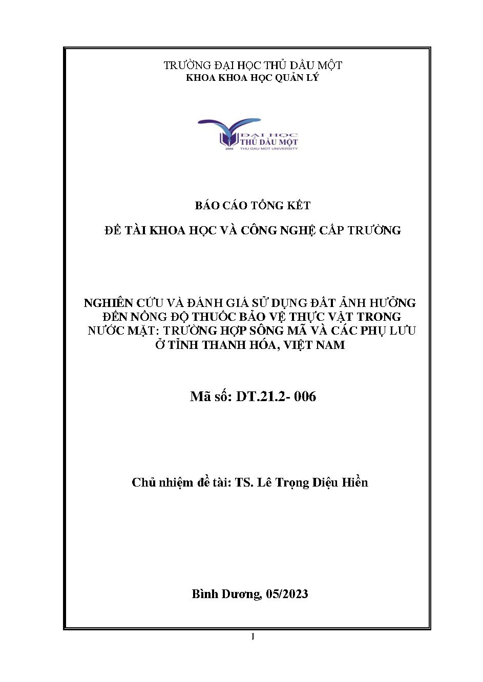 Nghiên cứu và đánh giá sử dụng đất ảnh hưởng đến nồng độ thuốc bảo vệ thực vật trong nước mặt: trường hợp sông Mã và các phụ lưu ở tỉnh Thanh Hóa, Việt Nam